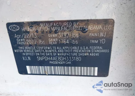 2013 Hyundai Elantra Gls from USA, damaged, VIN 5NPDH4AE8DH333180
